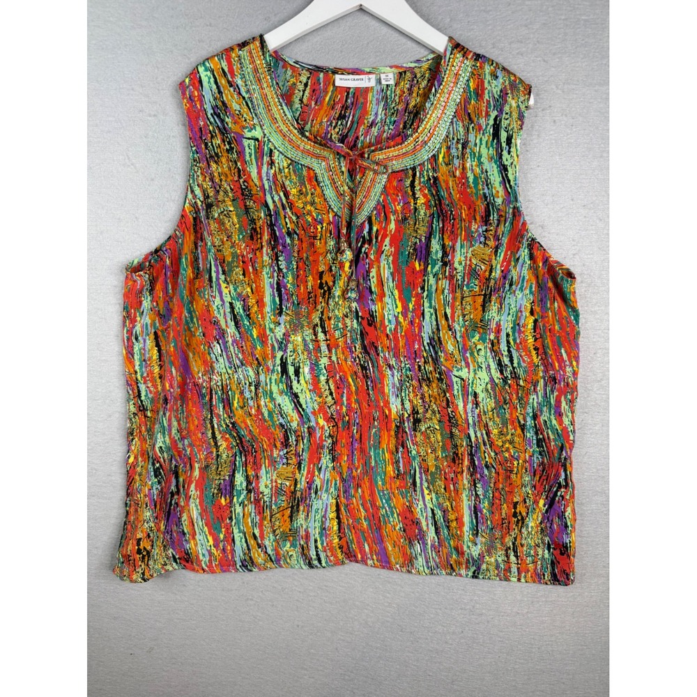Susan Graver Sleeveless‎ Top Women 3X Beaded Tassel Split Neck Artsy Boho Resort